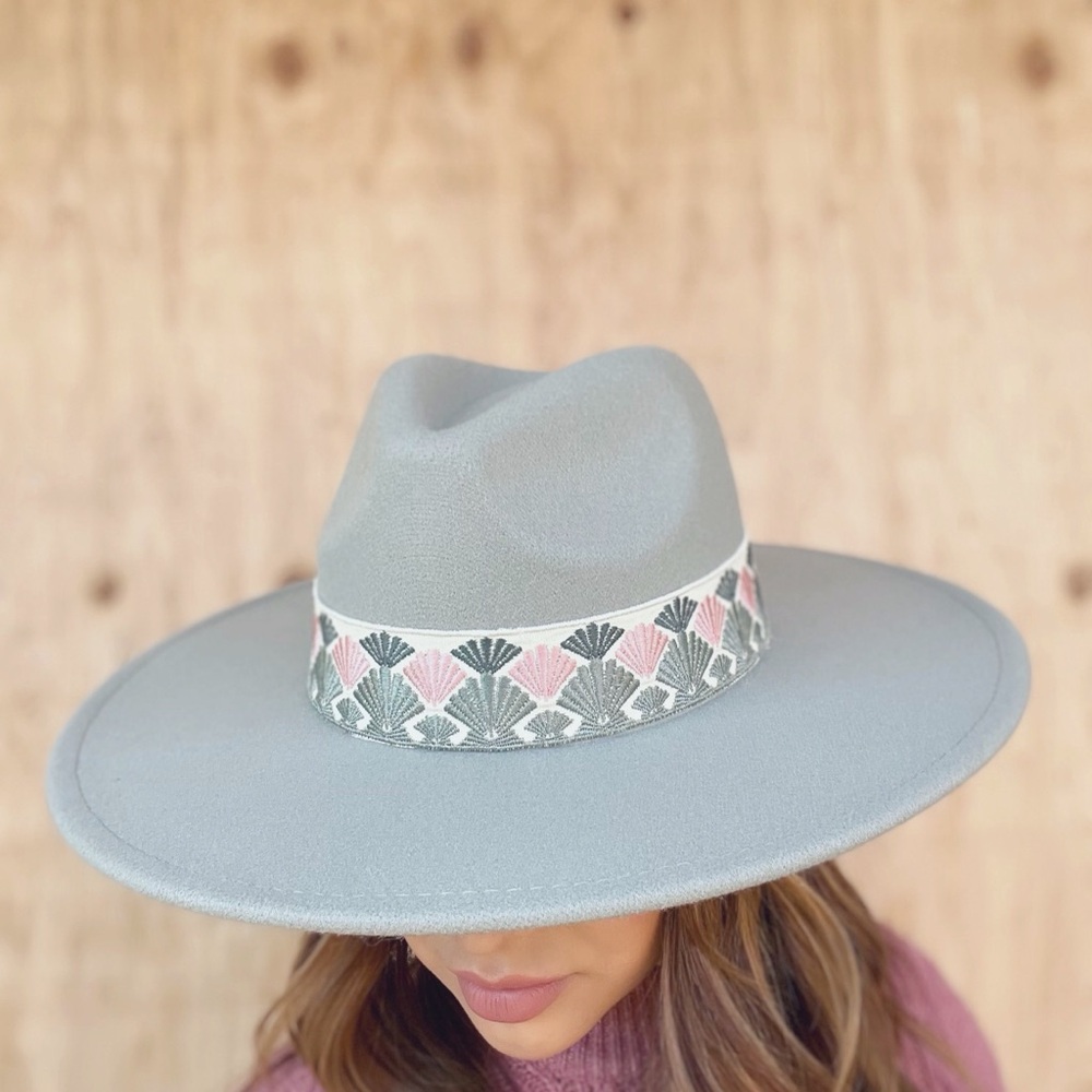 Stylish Seafoam Wide-Brim Hat with Pink and Green Band